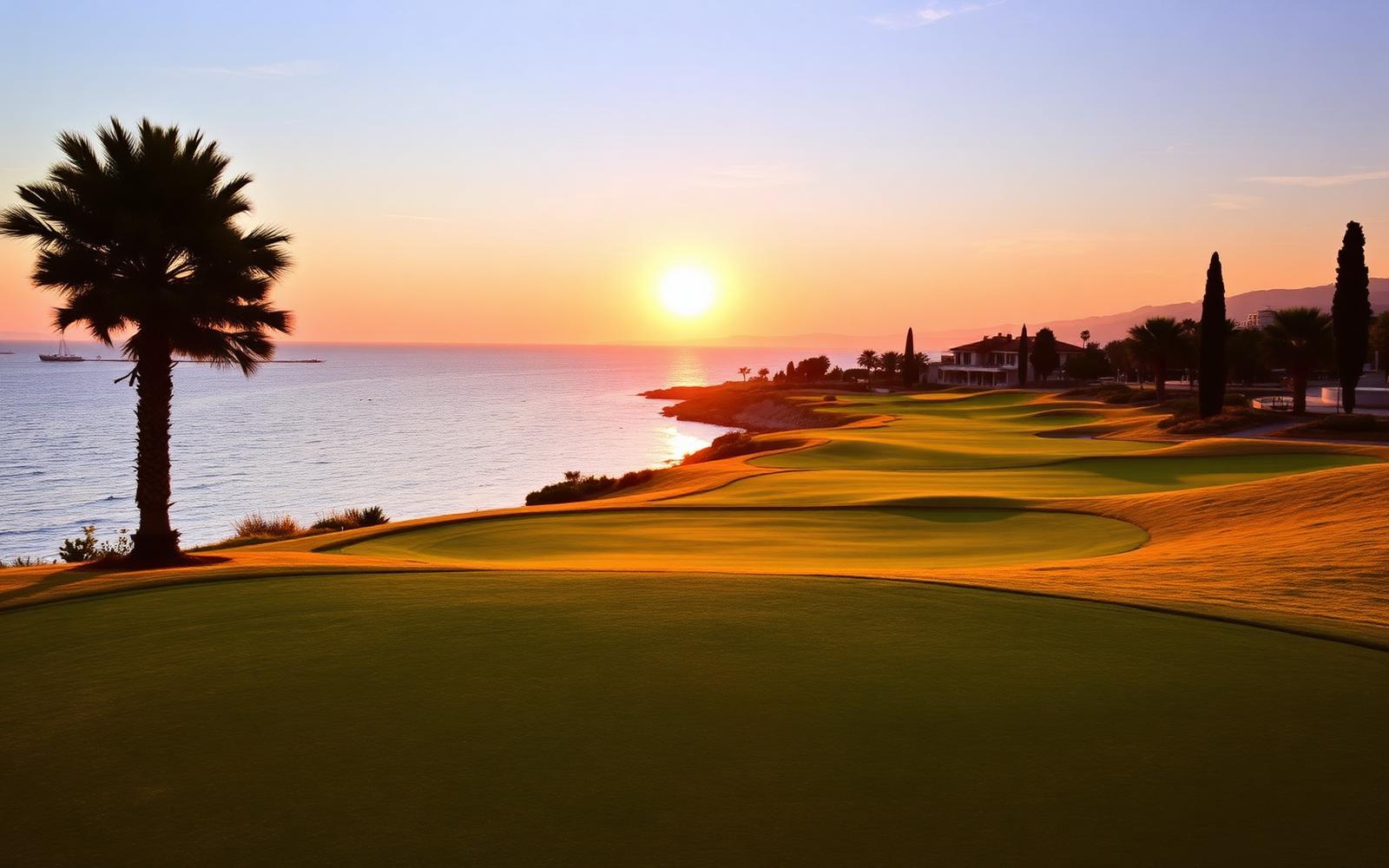 Championship fairway at sunset