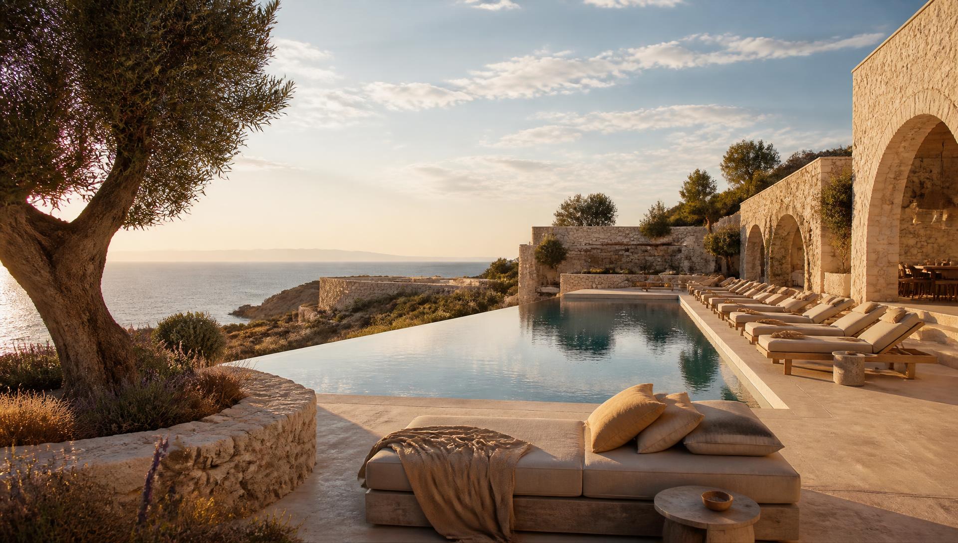 Infinity pool and stone terraces overlooking the sea at Thalassa Crest Resort